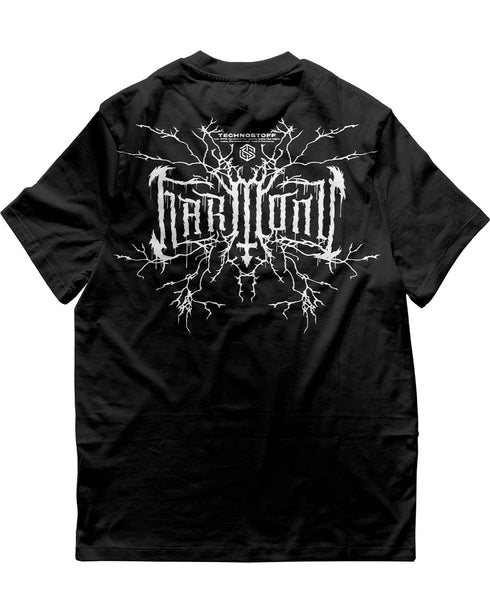 Mockup vom schwarzen Harmony T-Shirt der Dark Bliss Techno Kollektion von Technostoff, Rückenansicht